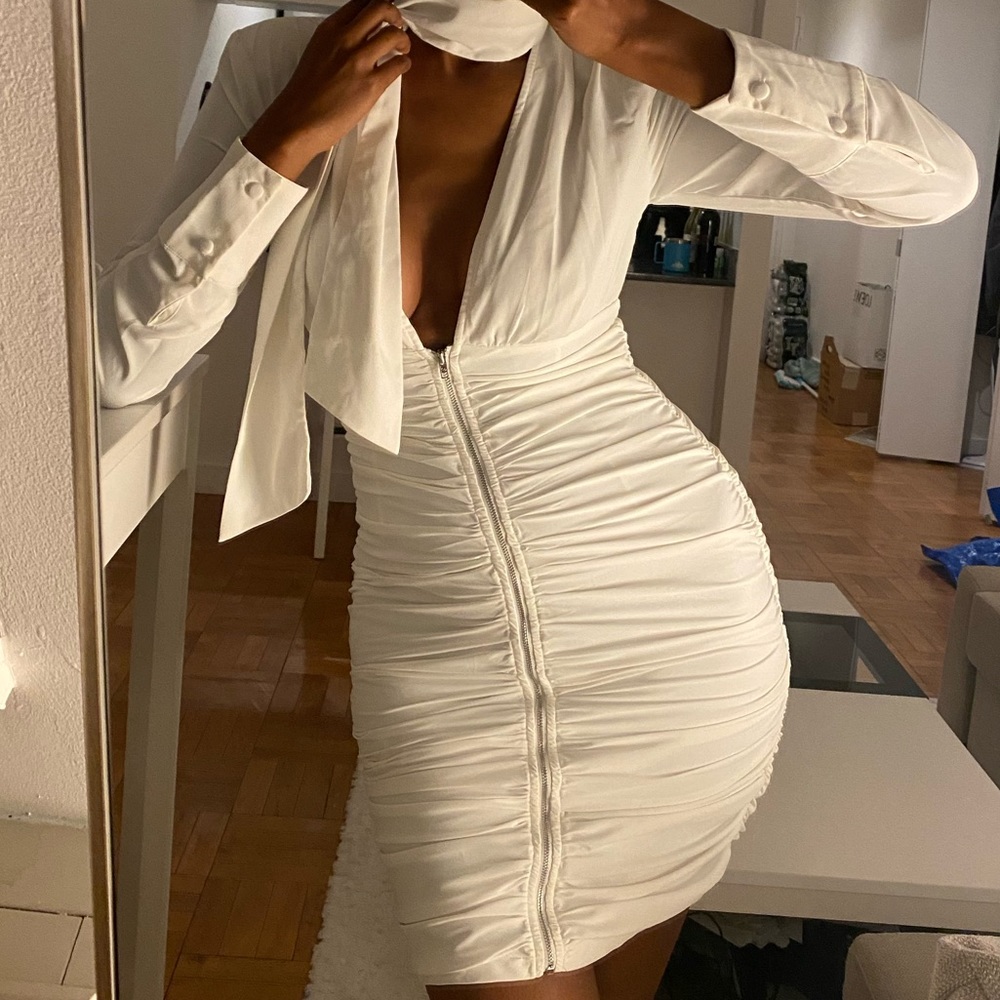White dress with ruching and neck tie